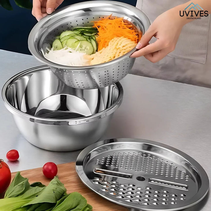 Multifunktionales 6-in-1 Edelstahl Küchenhelfer Set. Platzsparendes Küchenzubehör mit Reibe und Sieb.