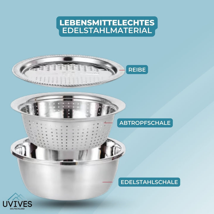 Praktisches Edelstahl Sieb des 6-in-1 Küchenhelfer Sets. Ideal zum Abgießen und Waschen von Lebensmitteln.