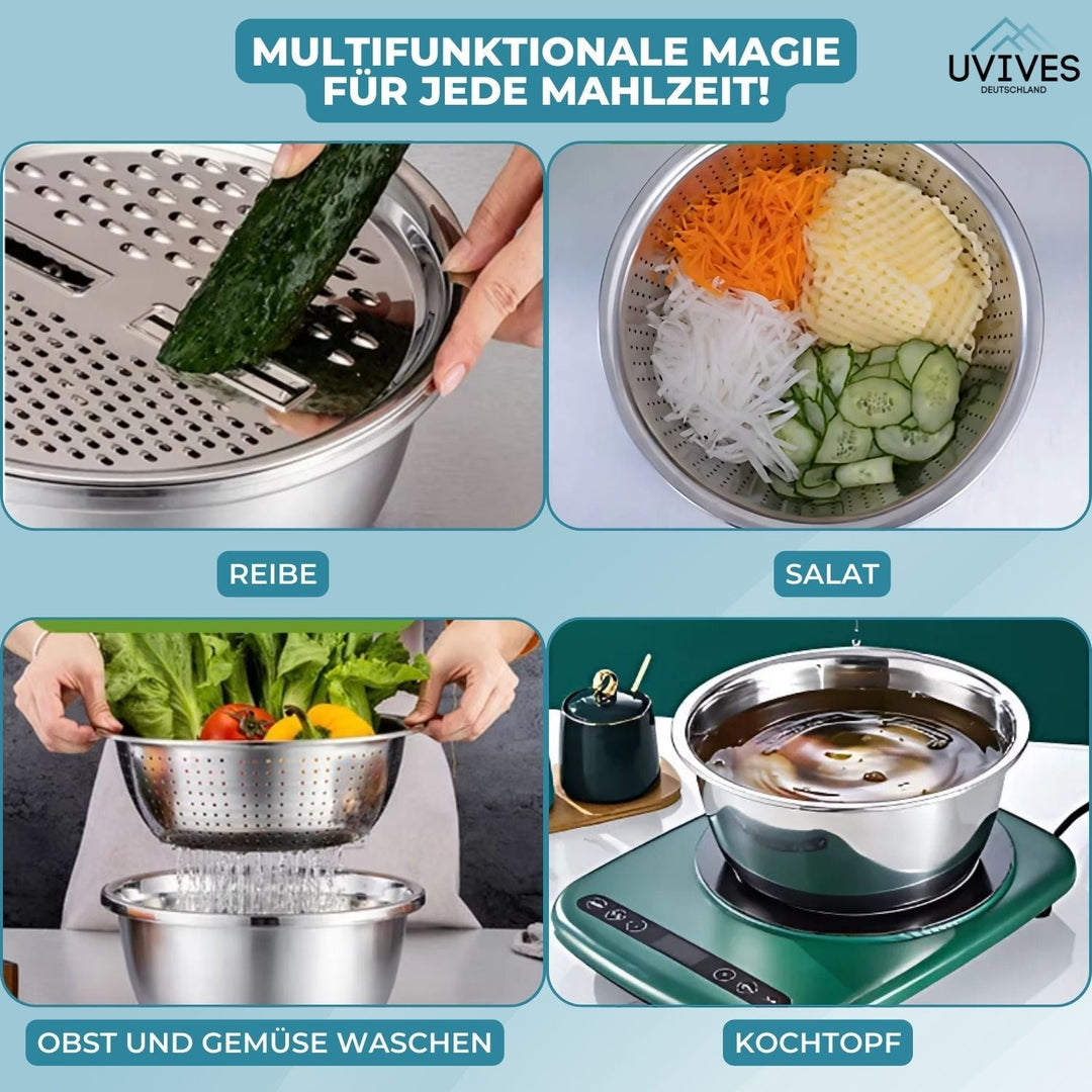 Platzsparendes 6-in-1 Edelstahl Küchenhelfer Set, stapelbar. Multifunktionales Küchenwerkzeug für jede Küche.