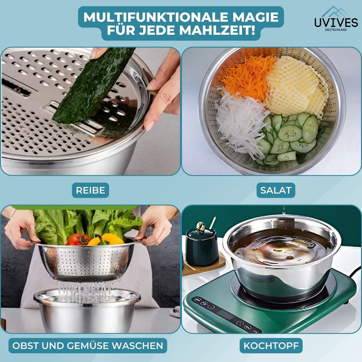 Platzsparendes 6-in-1 Edelstahl Küchenhelfer Set, stapelbar. Multifunktionales Küchenwerkzeug für jede Küche.