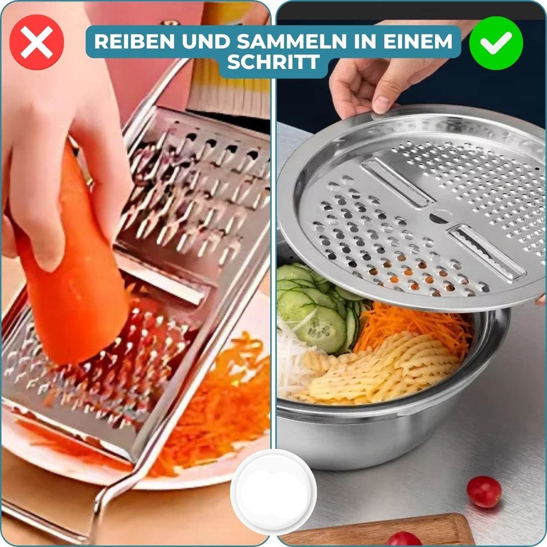 Vielseitiges 6-in-1 Küchenhelfer Set aus Edelstahl zum Reiben, Sieben und Schneiden von Gemüse.