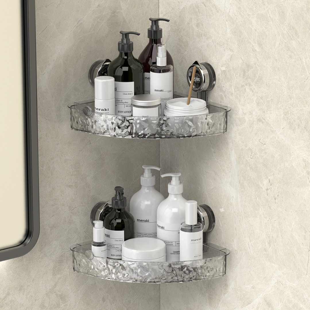 Praktisches Duschregal mit starken Saugnäpfen für Seife & Shampoo, transparent, bohrfrei zu montieren.