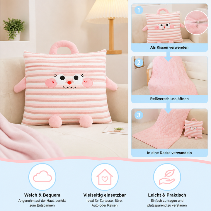 Kuscheliges Kissen & Decke mit niedlichem Tierdesign, ideal für Gemütlichkeit im Kinderzimmer.