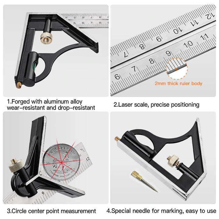 Winkelmaß-Set mit Lineal und Anreißfunktion; präzises Handwerk und genaue Messungen für DIY.