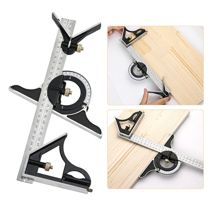DIY-Werkzeug: Multifunktionales Winkelmaß-Set im Einsatz beim Abmessen & Anreißen von Werkstücken.