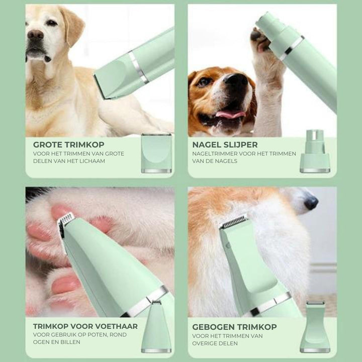 Professioneller 4-in-1 Haustiertrimmer für Zuhause. Leiser Fellschneider & Krallenschleifer mit Akku.