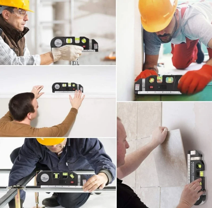 Multifunktions-Laser Messgerät mit integriertem Maßband, Wasserwaage und Laserlevel für präzise Ausrichtung beim Heimwerken.