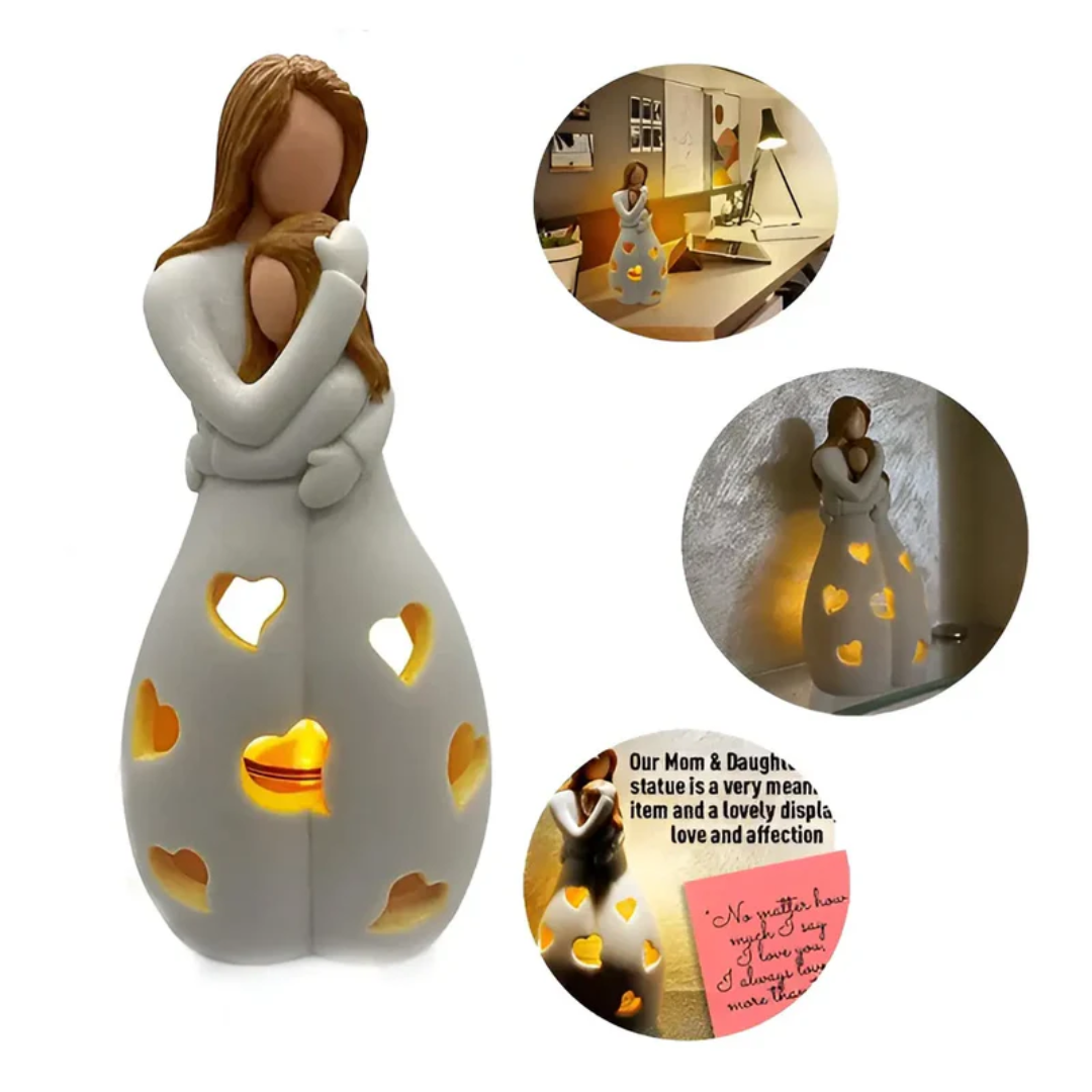 Kerzenhalter Skulptur: Mutter-Tochter Umarmung, ein warmes Geschenk für Familie und Liebe.