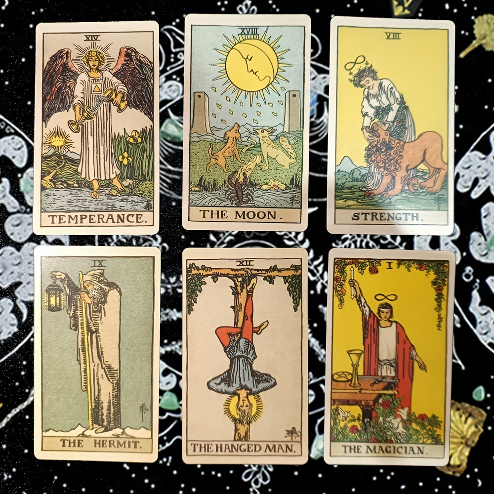 Detailreich illustrierte mystische Tarotkarten zur Spiritualität, Esoterik und Meditation. Fördert Selbsterkenntnis.