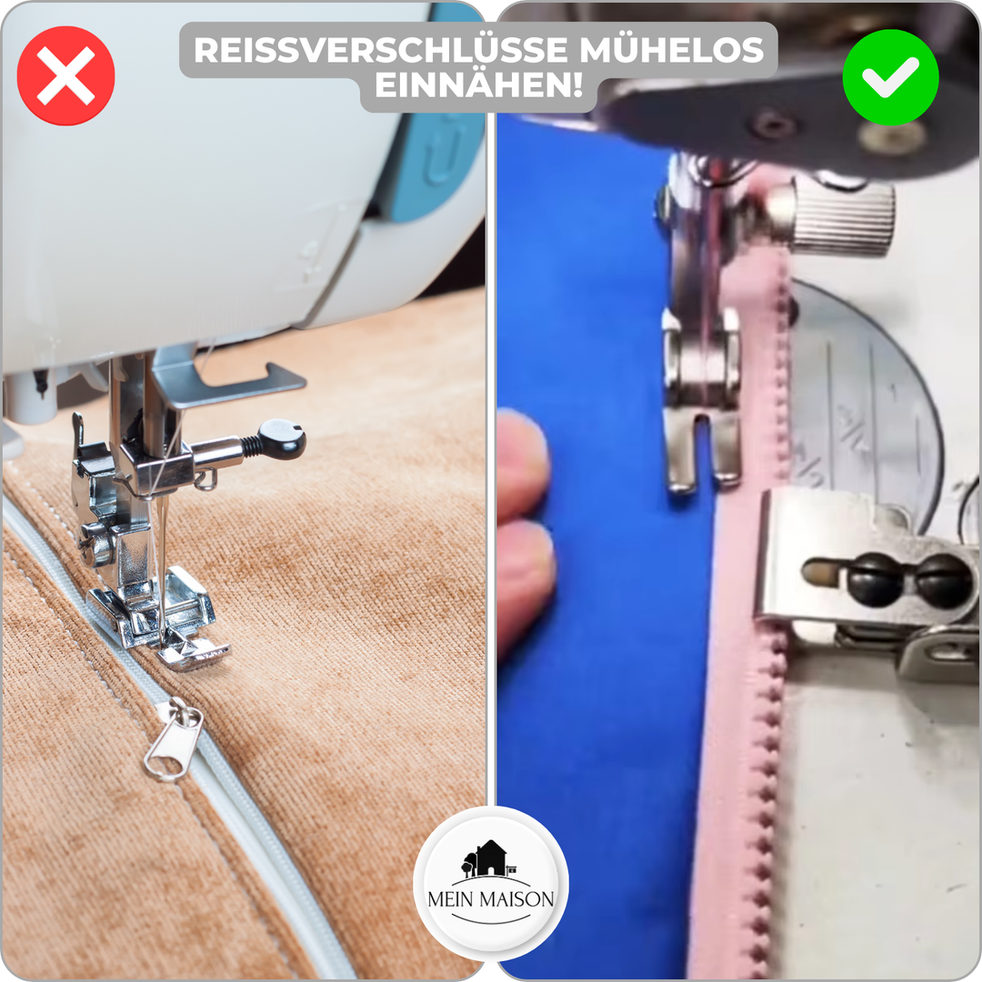 Spezielle Form des Nähfußes für Reißverschlüsse unterstützt präzises Kanten-Nähen für professionelle Ergebnisse.