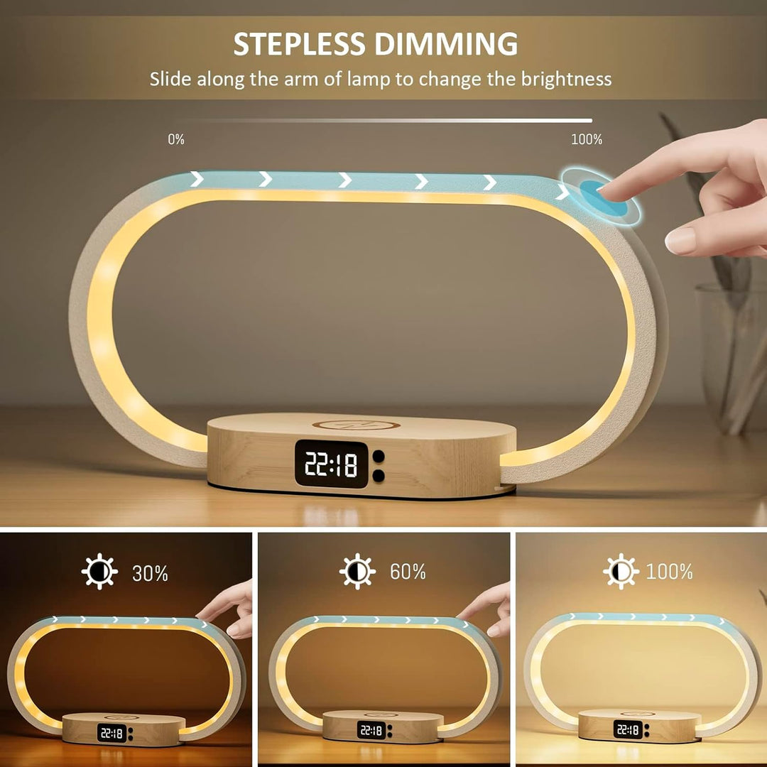 Multifunktionale LED-Lampe für den Nachttisch: Uhr, kabelloses Laden und dimmbares Licht, Holzoptik.