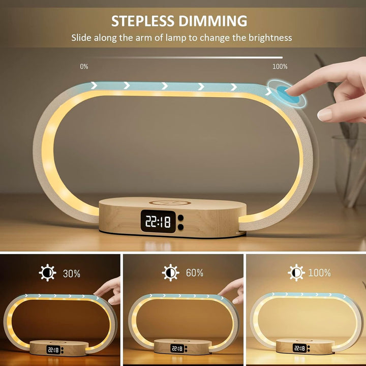 Multifunktionale LED-Lampe für den Nachttisch: Uhr, kabelloses Laden und dimmbares Licht, Holzoptik.