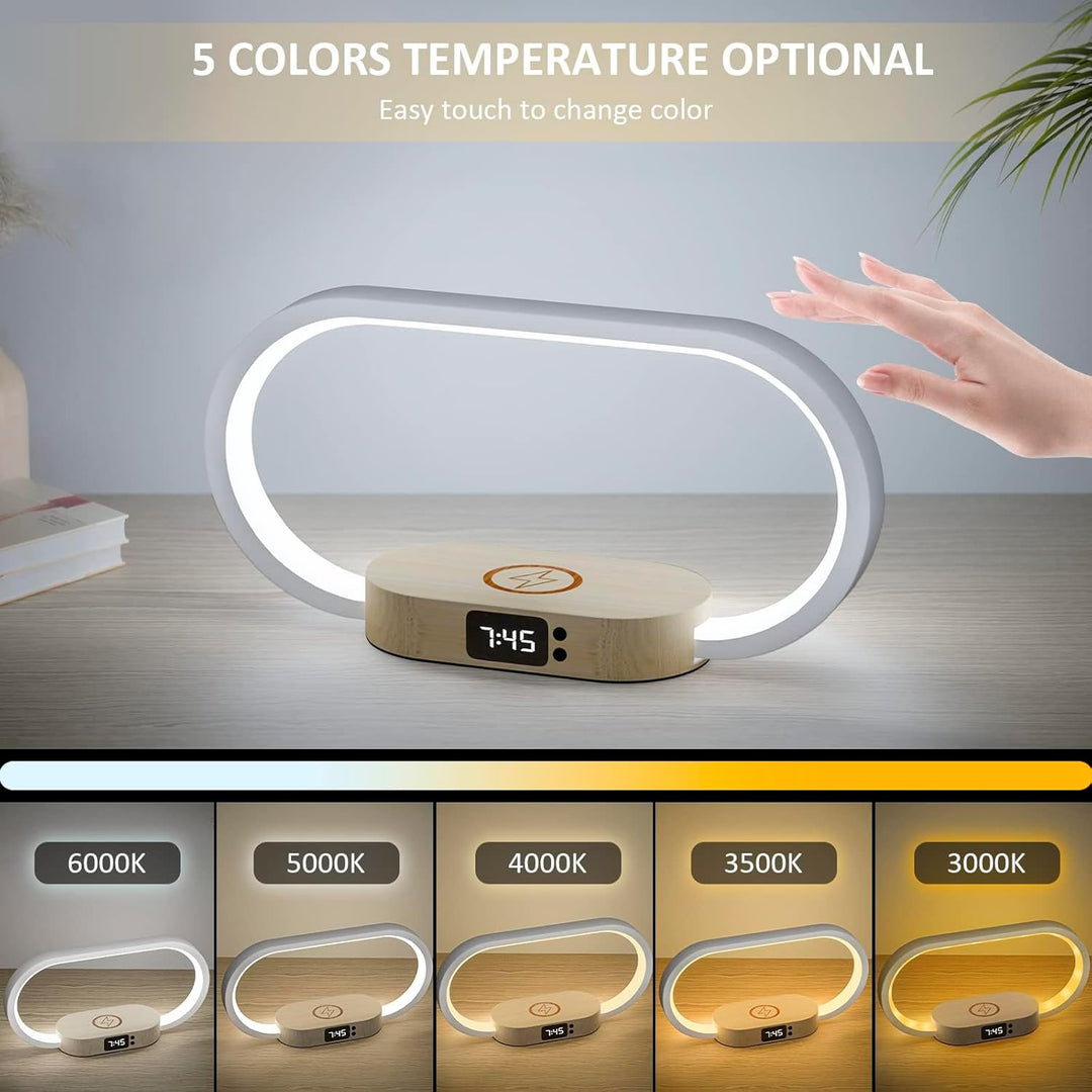 Dimmbare LED-Nachttischlampe mit smarter Uhr und kabelloser Ladestation für Komfort im Schlafzimmer.