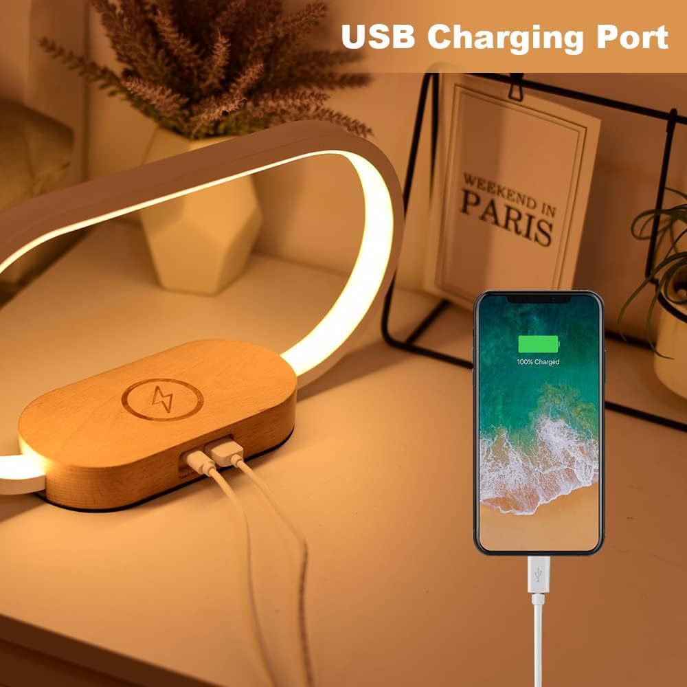 Kabellose Ladestation mit LED-Beleuchtung und Uhr; dimmbare Nachttischlampe für Smartphones.