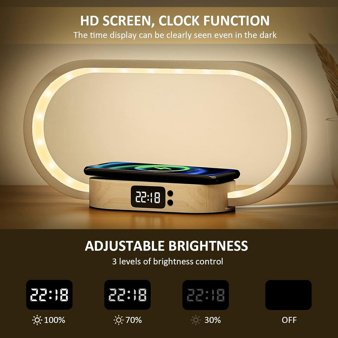 LED-Nachttischlampe mit dimmbarer Beleuchtung, digitaler Uhr und kabelloser Qi-Ladefunktion, Holz-Akzente.