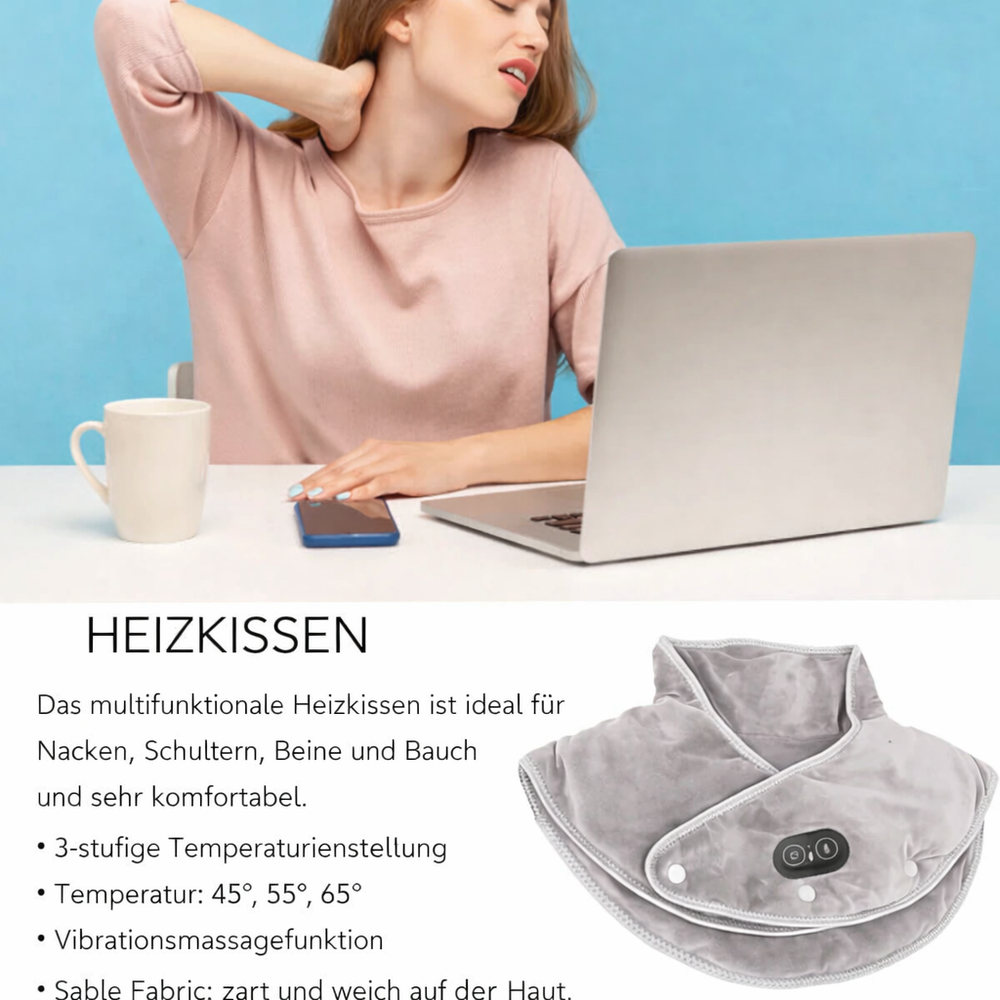 Person entspannt Nacken & Schultern mit Massagekissen; Wärme & Vibration lindert Verspannungen effektiv.