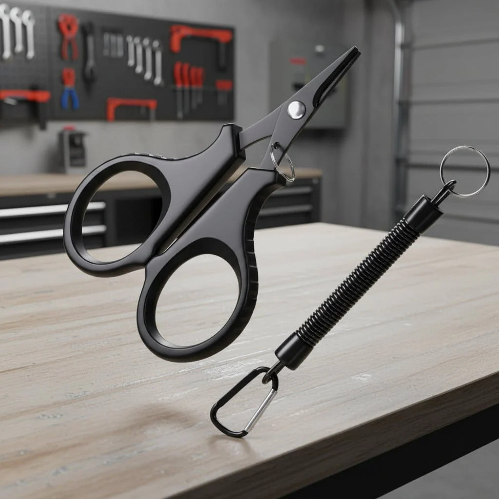 Nahaufnahme der titanbeschichteten Angelschere, präzise für PE-Braid Schnüre. Ideal für Angler.