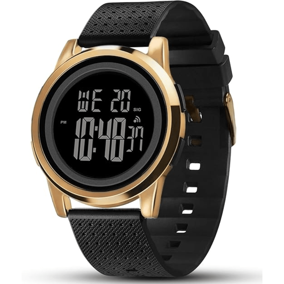 Draufsicht der schlanken, wasserdichten Herren Digitaluhr mit elegantem Edelstahlarmband.