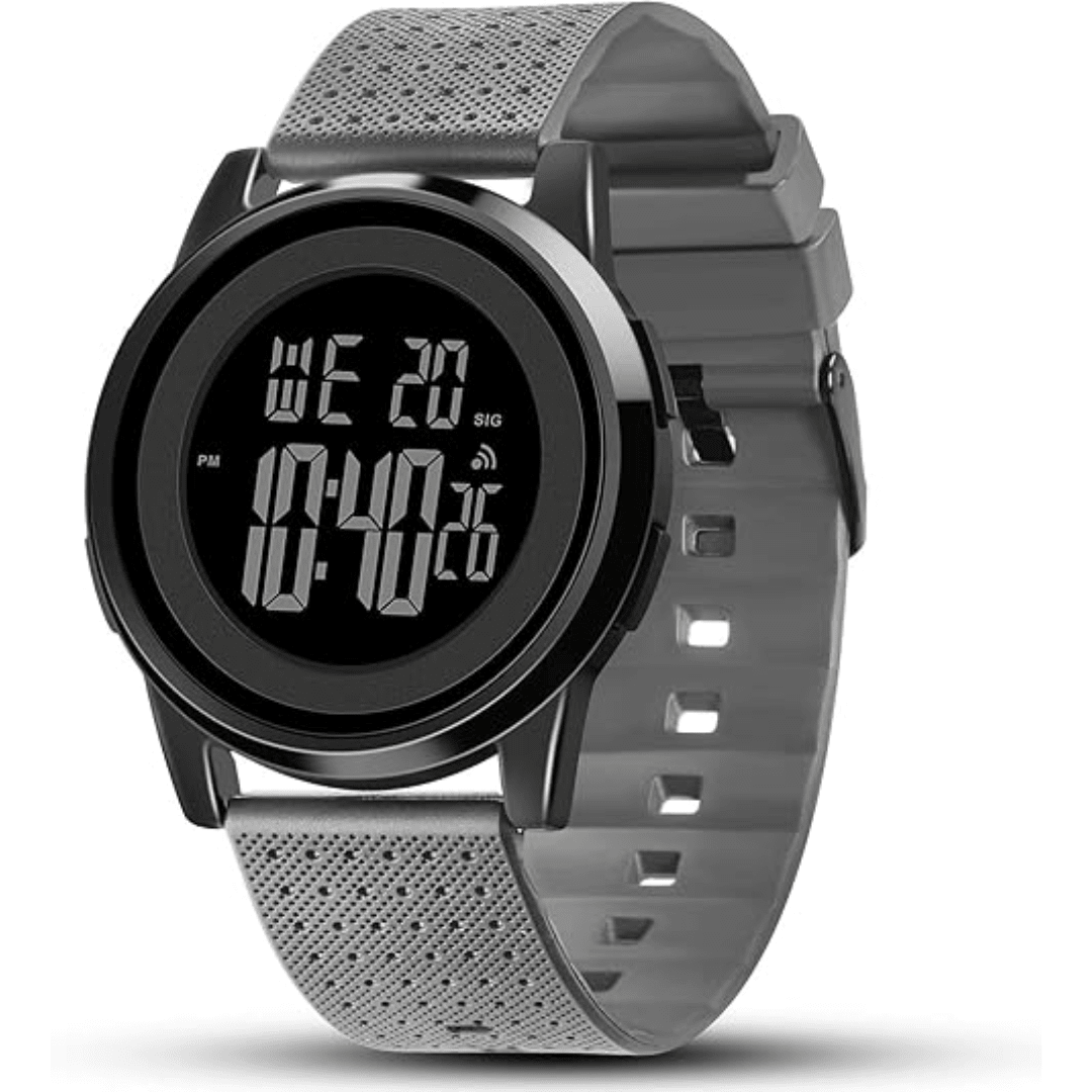 Vielseitige digitale Outdooruhr für Herren: ultradünn, wasserdicht, mit robustem Edelstahlarmband.