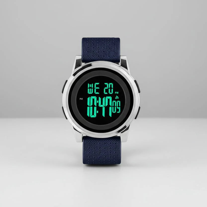 Moderne Herren Digitaluhr mit schlankem Design & wasserdichtem Edelstahlarmband am Handgelenk.