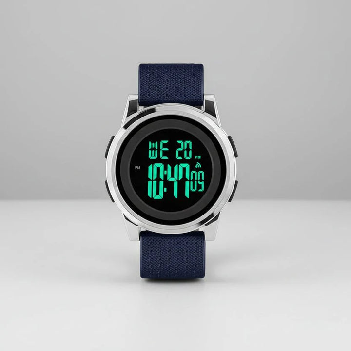 Moderne Herren Digitaluhr mit schlankem Design & wasserdichtem Edelstahlarmband am Handgelenk.