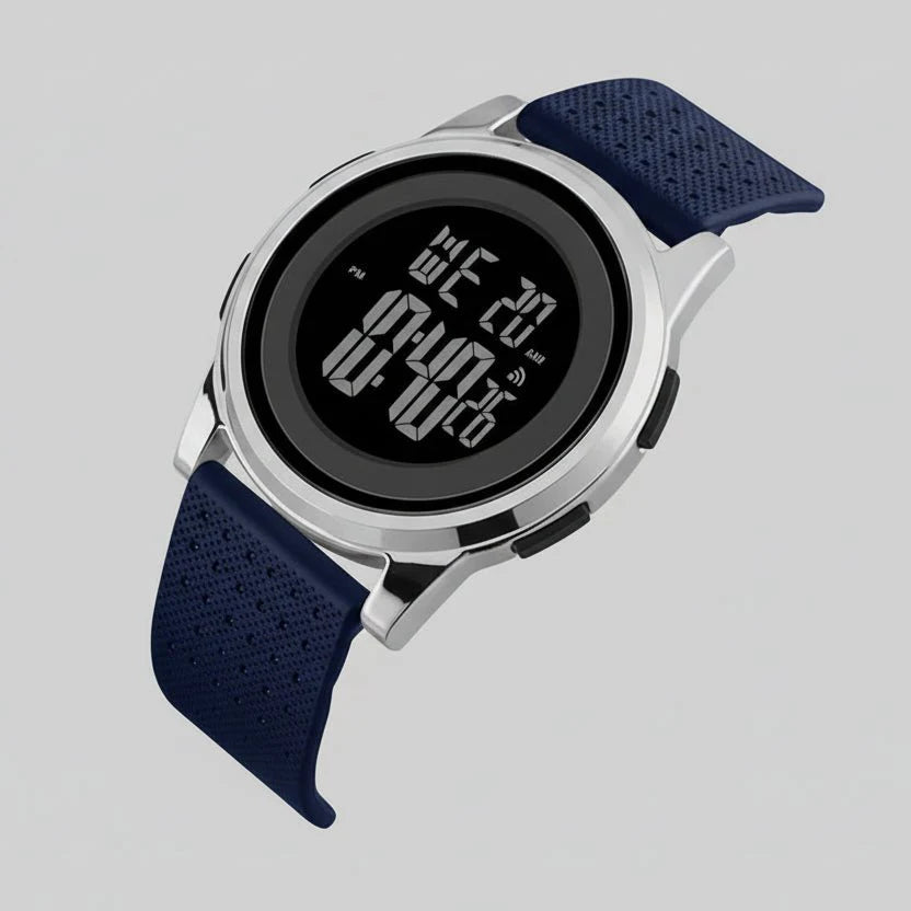 Elegante ultradünne digitale Herrenuhr mit leuchtender LED-Anzeige & poliertem Edelstahlarmband.