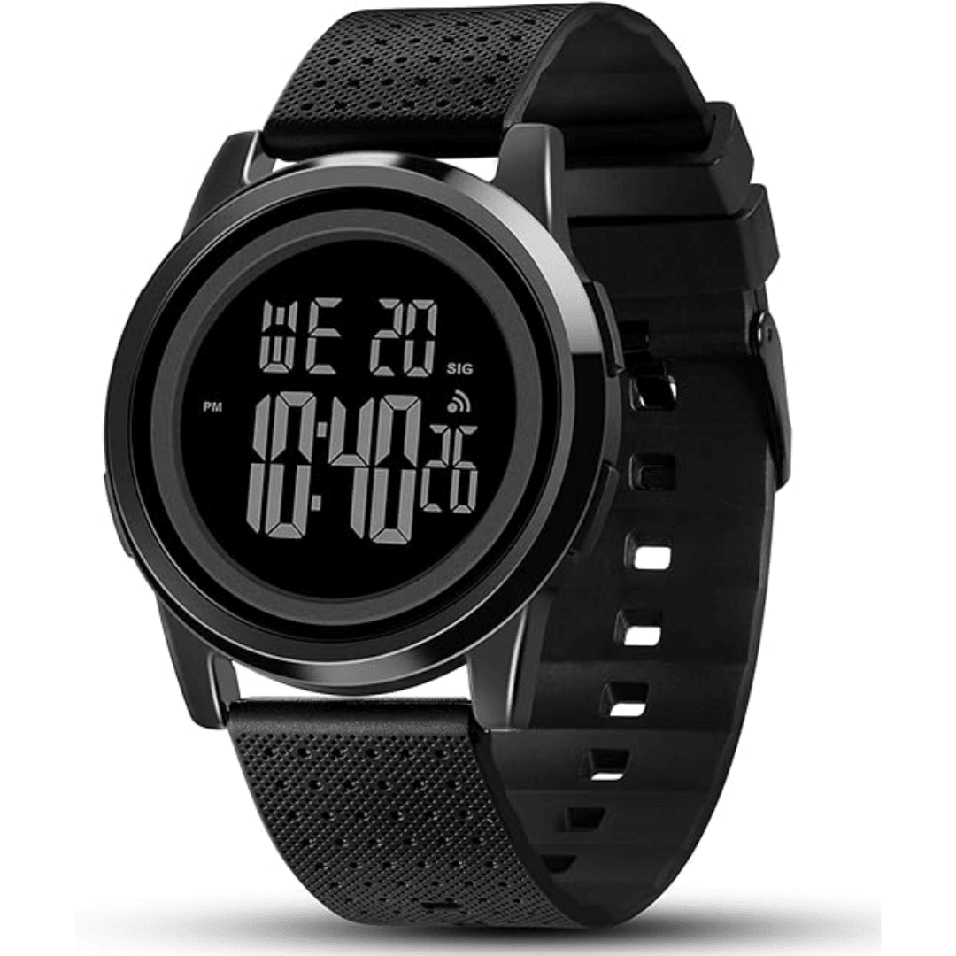 Hochwertige Herren Sportuhr, digital, wasserdicht, mit stilvollem Edelstahlarmband aus der Nähe.