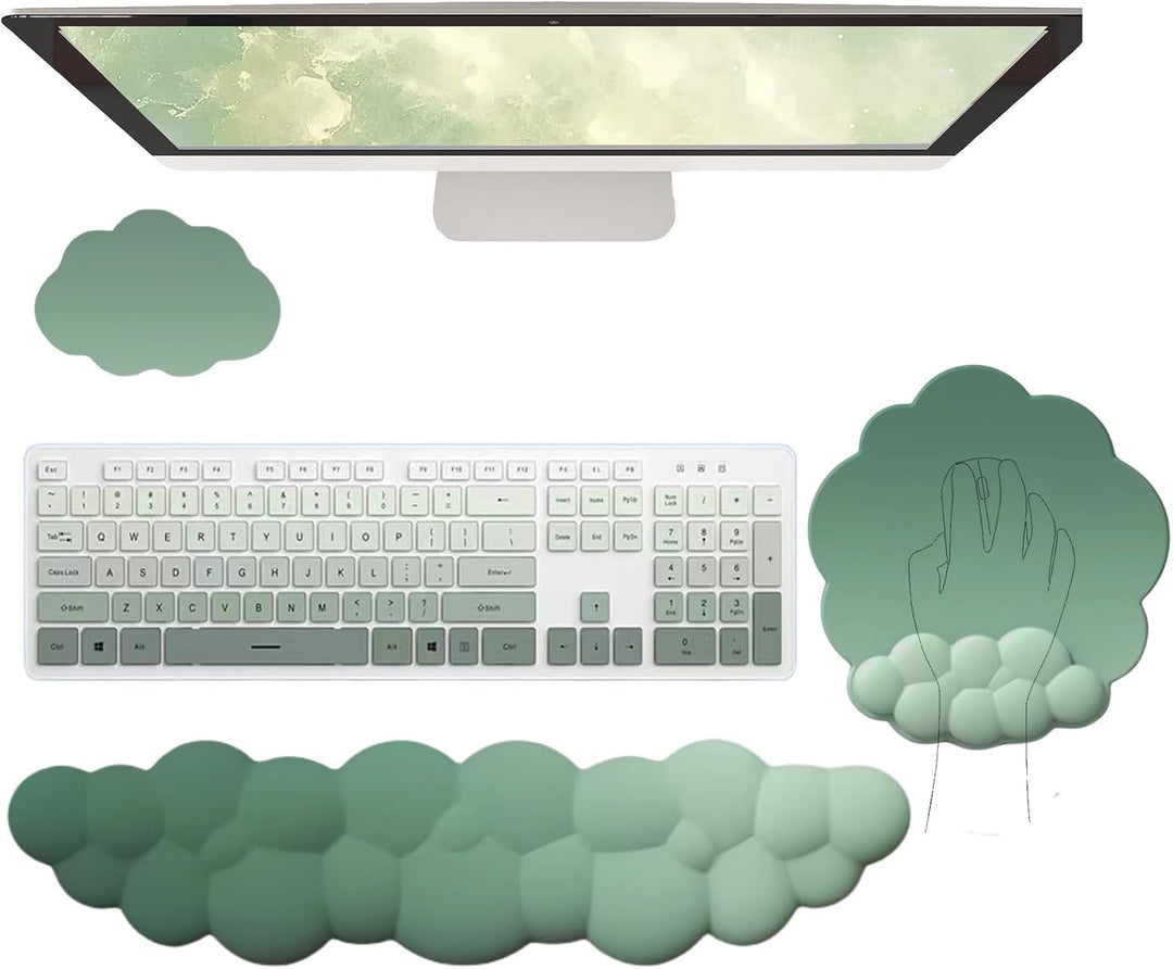 Ergonomisches Set: Wolken Handgelenkauflage für Maus & Tastatur, plus passender Untersetzer.
