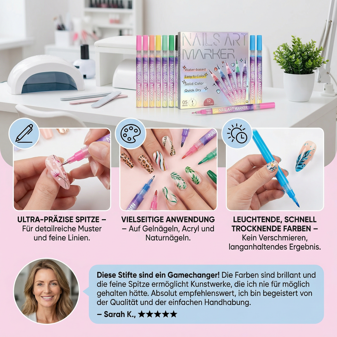 Buntes Nail Art Marker Set mit Acrylfarben für lebendige und langlebige Nageldesigns.