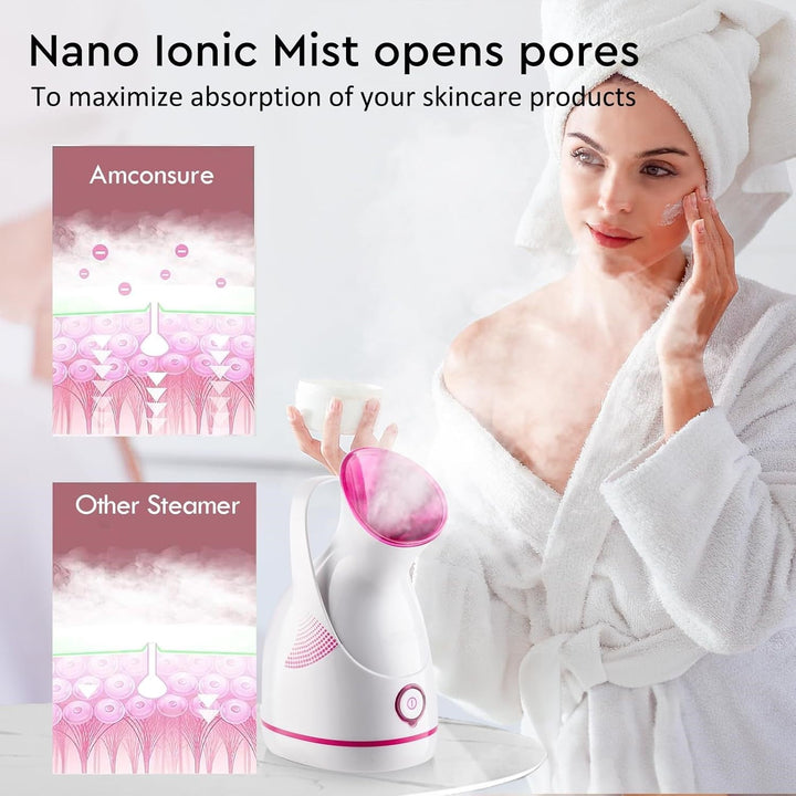 Erleben Sie Home-Spa: Nano-ionischer Gesichts-Dampfer zur Tiefenreinigung, öffnet Poren und hydratisiert die Haut.