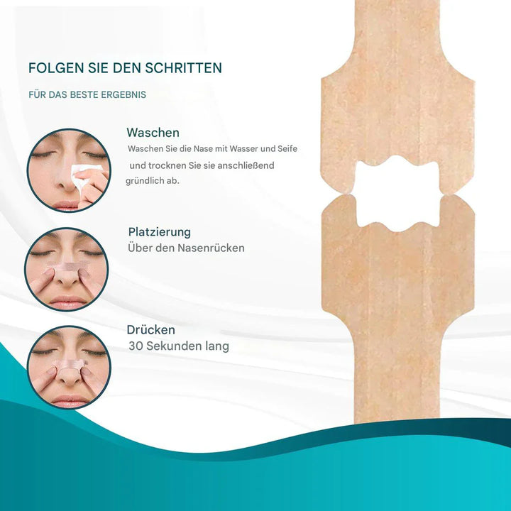 Packung mit 100 hautfreundlichen Nasenstrips für erweiterte Atemwege. Ideal bei Erkältung, Allergien oder Schnarchen.