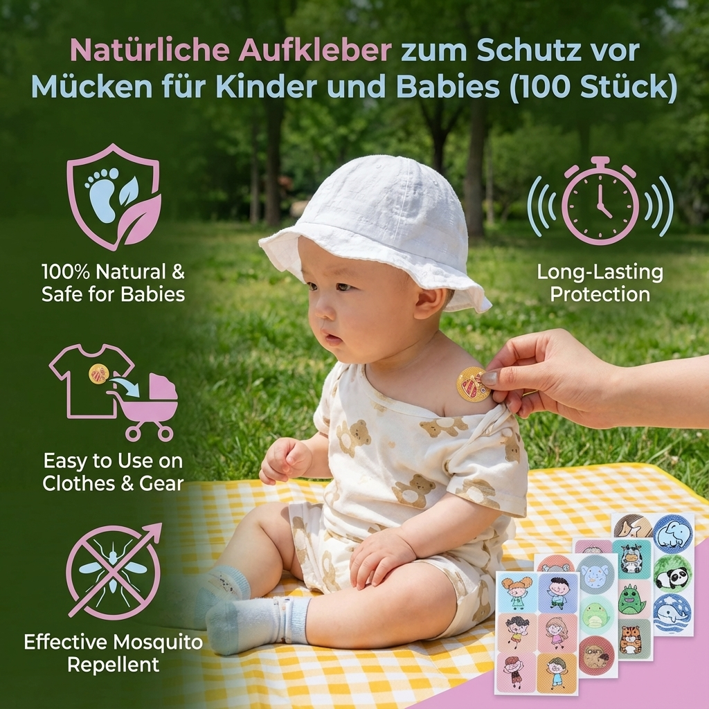 Pflanzliche Mückenschutz-Aufkleber für Kleidung von Babys und Kindern, ideal für den Sommer.