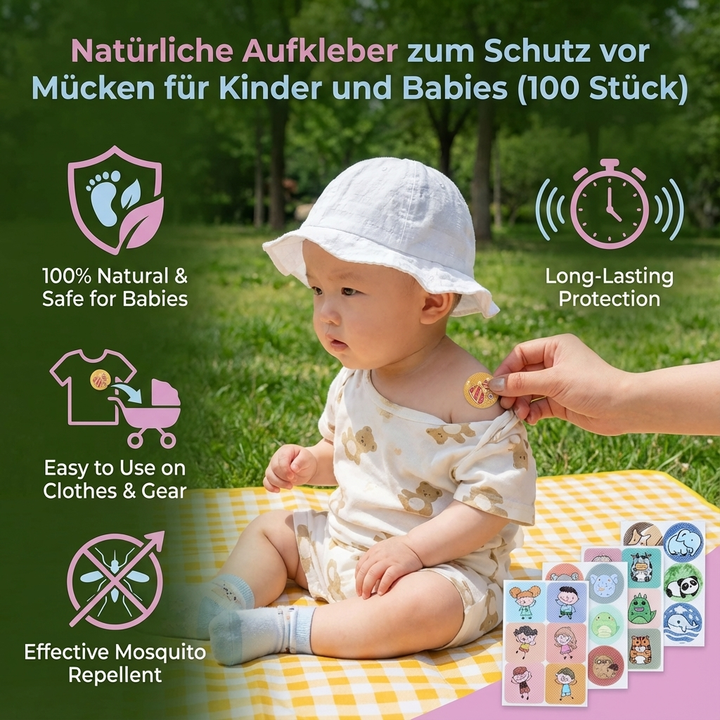 Pflanzliche Mückenschutz-Aufkleber für Kleidung von Babys und Kindern, ideal für den Sommer.