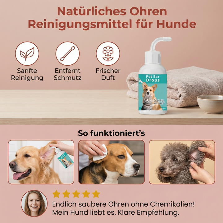 Glücklicher Hund nach Anwendung des natürlichen Ohrenreinigers. Effektive Pflege gegen Juckreiz & für saubere Ohren.