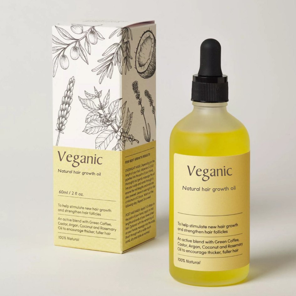 Natürliches Haarwachstumsöl in Flasche; fördert kräftiges, glänzendes Haar & weniger Haarbruch. Biologische Haarpflege.