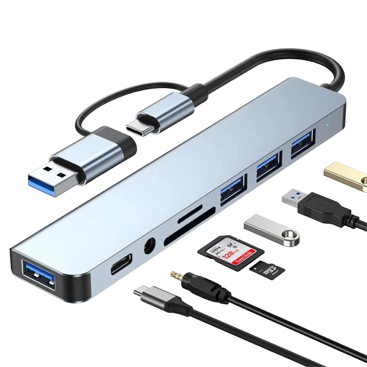 Robuster Nexora 8-in-1 USB-C Adapter aus Aluminium. Verbessert Konnektivität für PCs & Laptops.