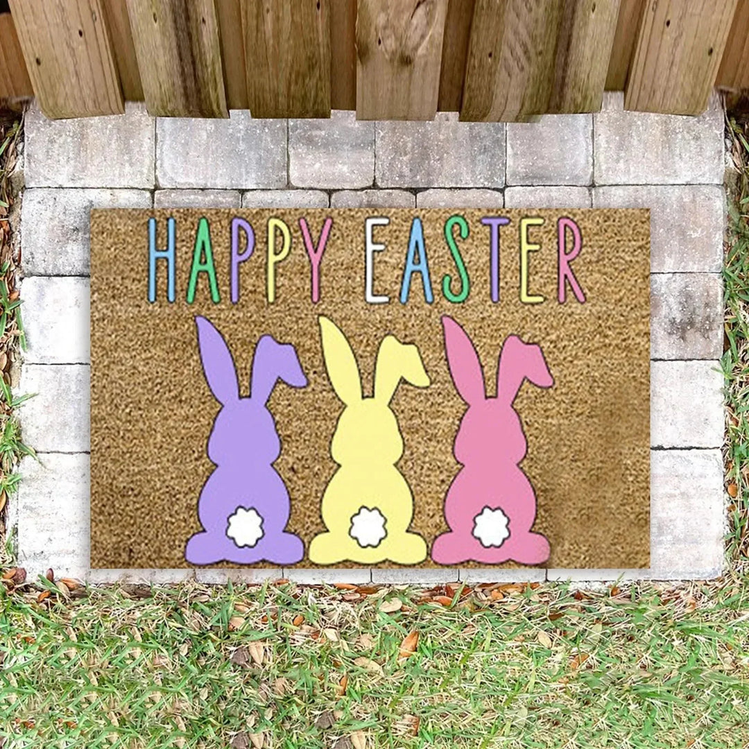Fröhliche Oster-Fußmatte mit Cartoon-Hasen, rutschfest & eine liebevolle Deko-Idee für den Frühling.