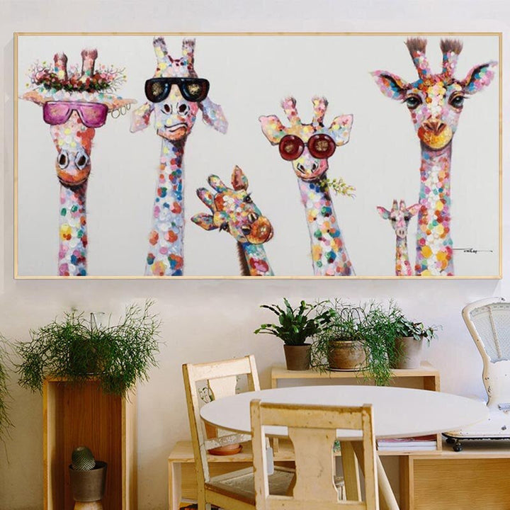 Niedliche Giraffen Leinwand Wandkunst fürs Kinderzimmer. Farbenfrohe Tiermotiv Wanddeko für Baby- & Spielzimmer.