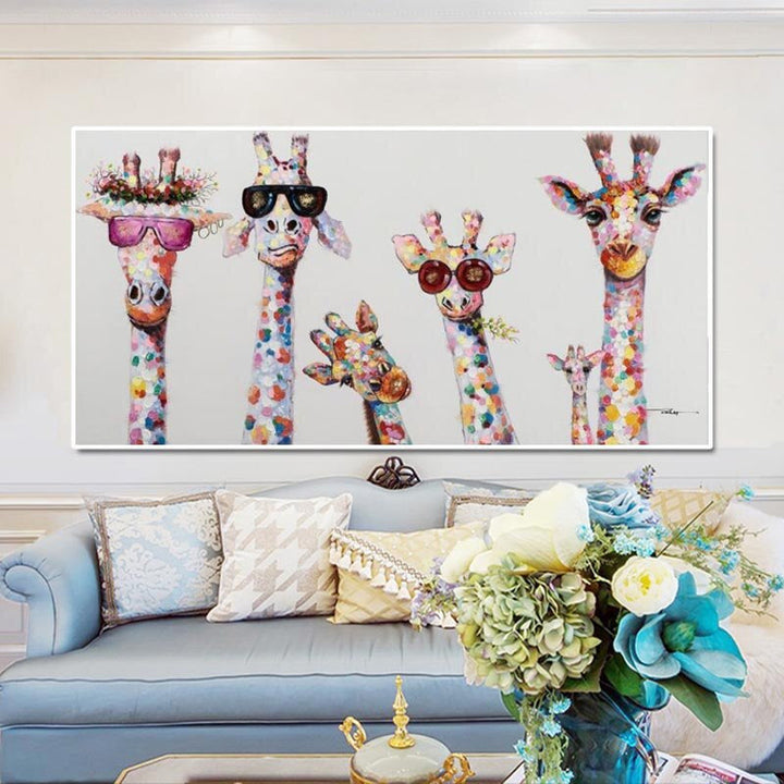 Moderne Giraffen Leinwand Wandkunst ohne Rahmen. Farbenfrohes Tiermotiv für stilvolle Kinderzimmer Wanddeko.