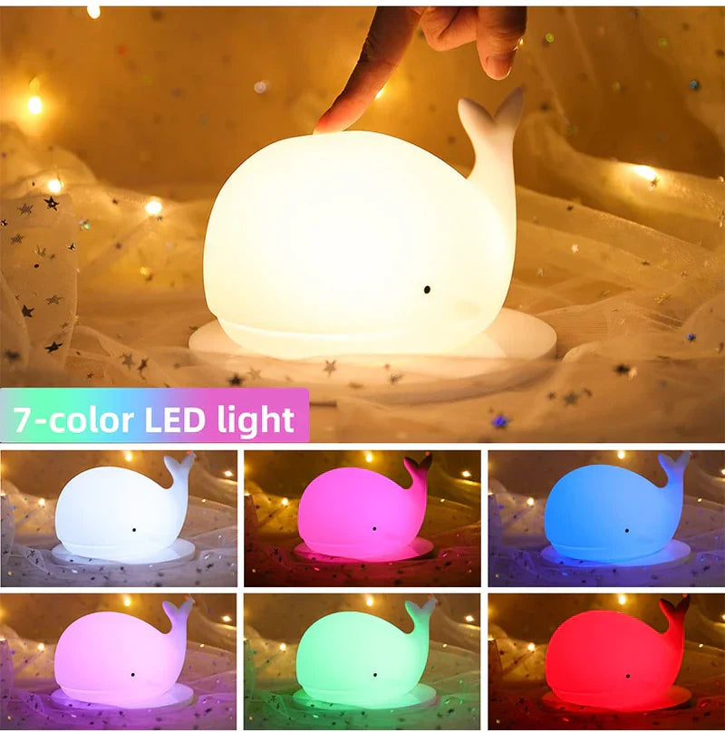 Weiche Silikon Wal-Nachtlampe mit Touch-Sensor, LED und Farbwechsel für Baby und Kind.