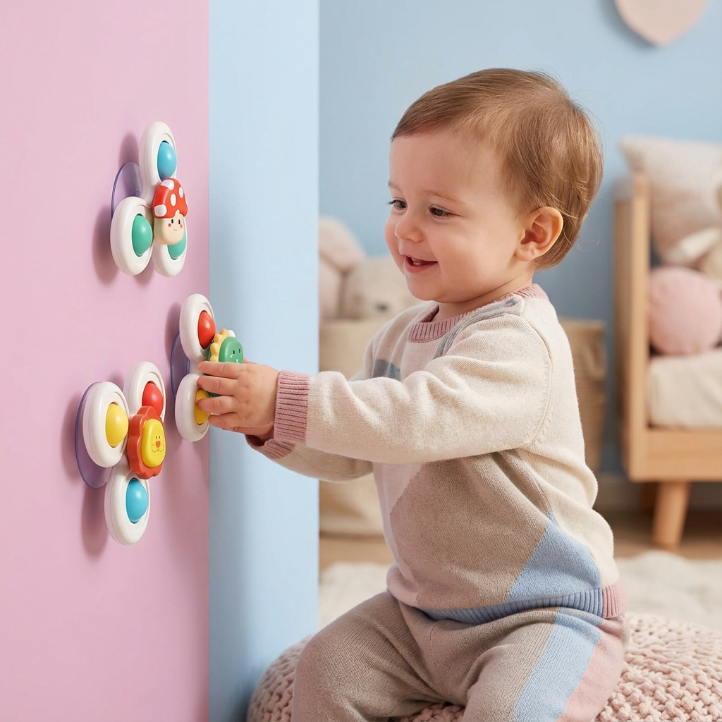Niedliches Baby Saugnapf Drehspielzeug Set mit bunten Tierformen. Ideal als Motorik- & Sensorik-Spielzeug für Babys.