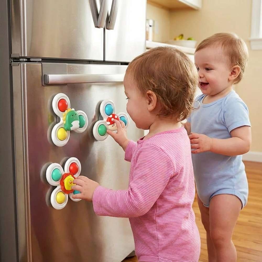 Buntes Drehspielzeug Set für Babys, mit Saugnäpfen zum Befestigen. Fördert Motorik & Sensorik, perfekt für Hochstuhl.