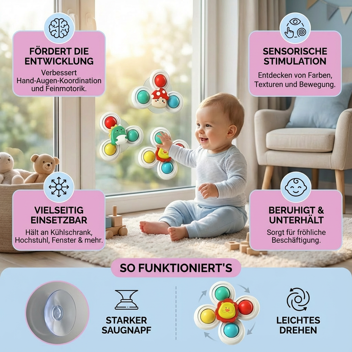 Saugnapf Drehspielzeug für Babys, regt die Hand-Augen-Koordination an. Ideales Lernspielzeug und Hochstuhlspielzeug.