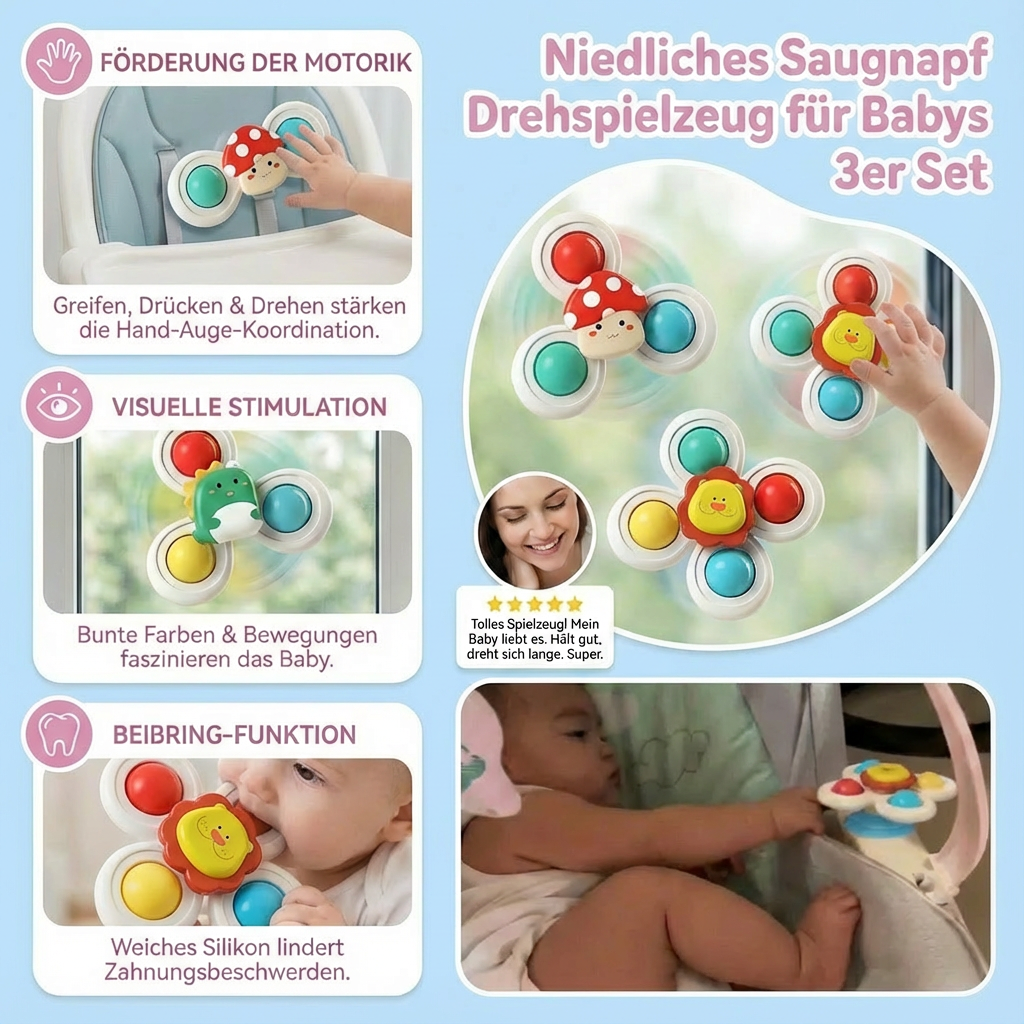 Mehrfarbiges Babyspielzeug Dreh-Set mit Saugnäpfen, perfekt für unterwegs. Sensorik- & Motorik-Spielzeug für Reise.