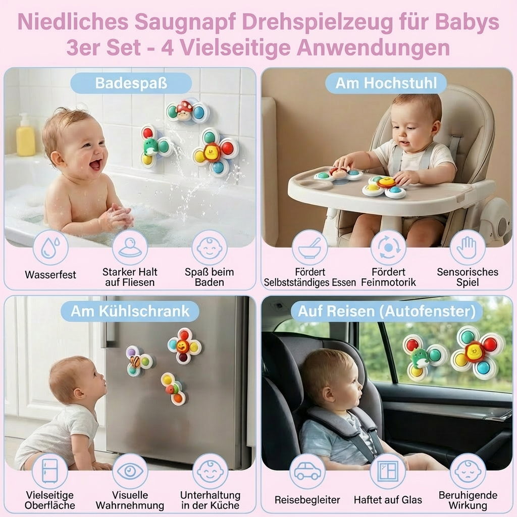 Interaktives Baby Saugnapf Drehspielzeug, fördert sensorische Entwicklung & Feinmotorik. Buntes Babyspiel für Kleinkinder.