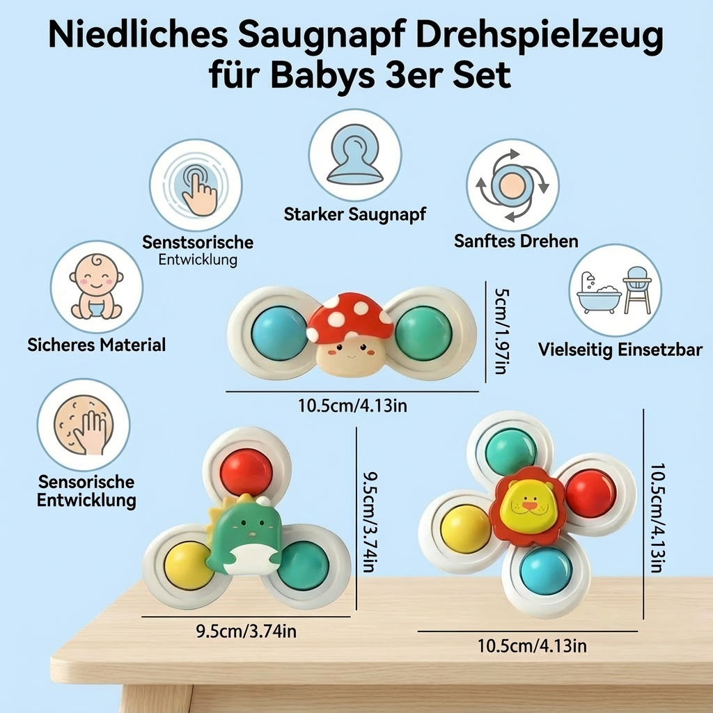 Attraktives Drehspielzeug Set als Babygeschenk. Bunte Saugnapf Motorik-Spielzeuge fördern spielerisch die Entwicklung.