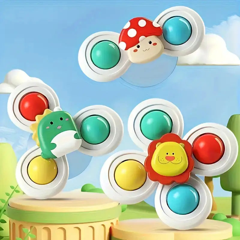 Verschiedene bunte Saugnapf Drehspielzeuge für Babys. Sicheres Motorik-Spielzeug & Lernspielzeug, leicht anzubringen.