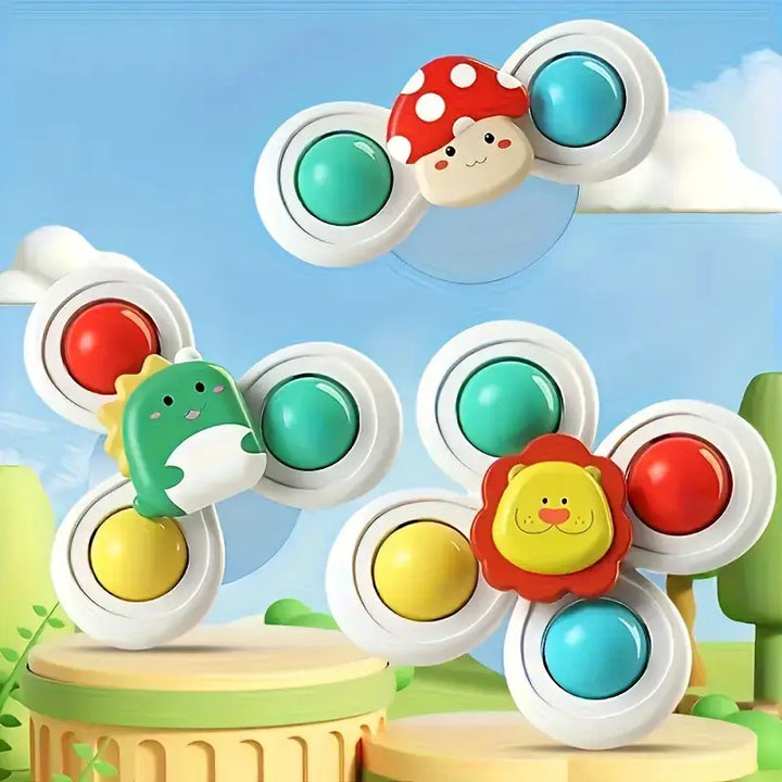 Verschiedene bunte Saugnapf Drehspielzeuge für Babys. Sicheres Motorik-Spielzeug & Lernspielzeug, leicht anzubringen.
