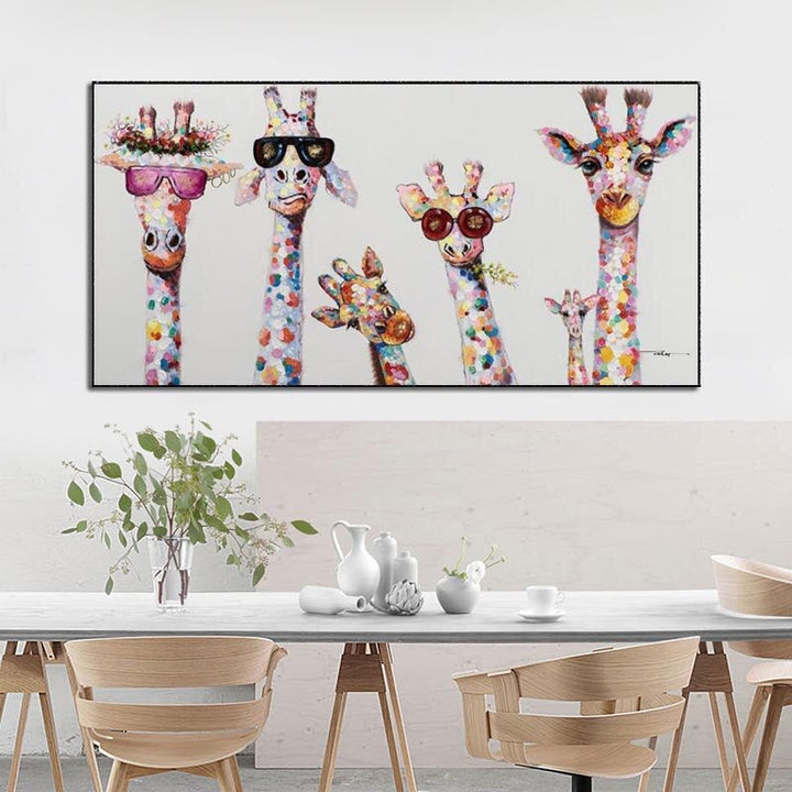 Modernes Giraffen Leinwandbild für Kinderzimmer, buntes Tiermotiv für Baby- und Spielzimmer.