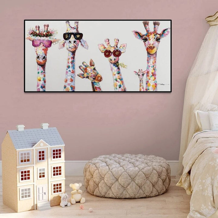 Leinwandbild mit bunter Cartoon Giraffe für Kinderzimmer, niedliche Tiermotiv Wandkunst.